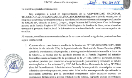 UNTSJL solicita la entrega formal del predio de 3,000 m² transferido a su favor