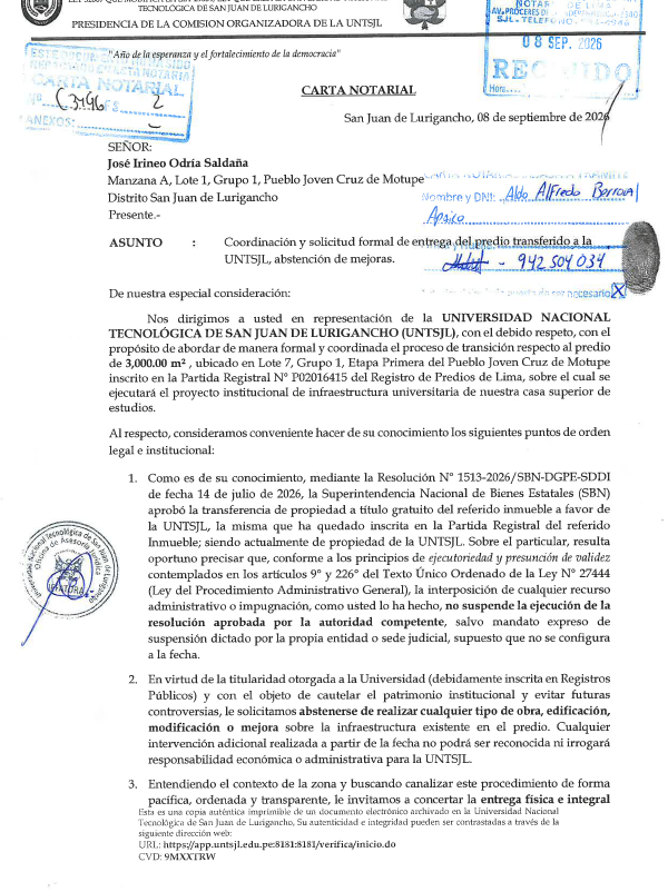 UNTSJL solicita la entrega formal del predio de 3,000 m² transferido a su favor