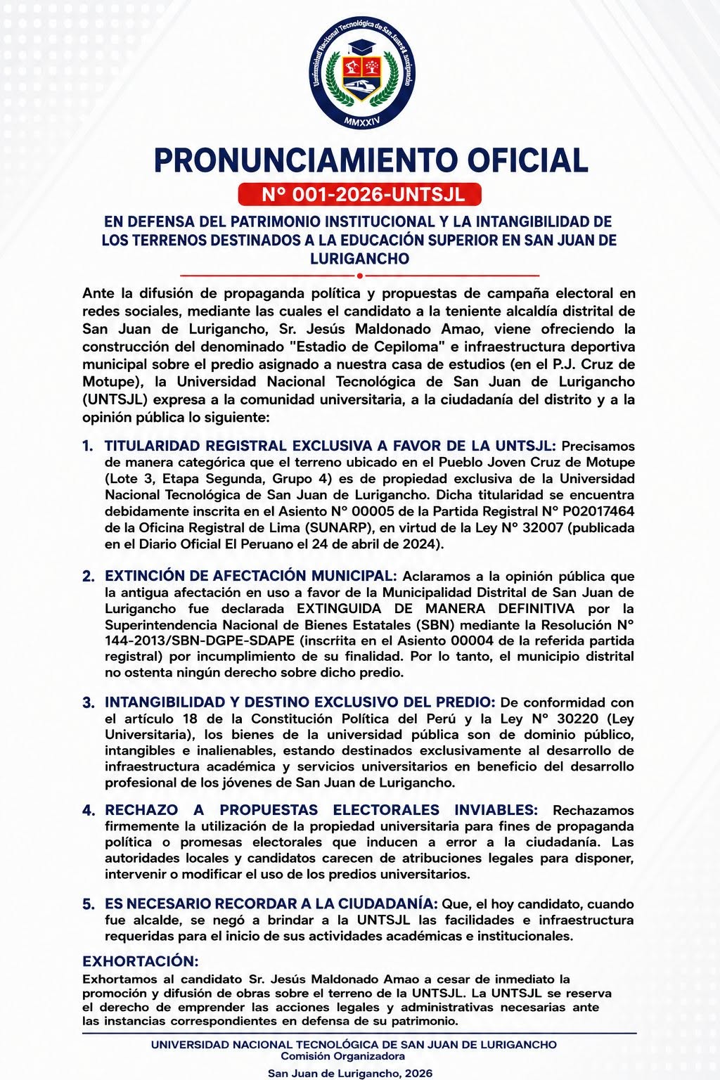 PRONUNCIAMIENTO OFICIAL N.° 001-2026-UNTSJL